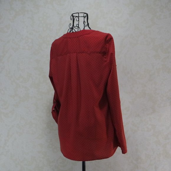 ELEMENTZ Red Orange Polka Dot Adjustable Sleeve Button Up Blouse Shirt - Picture 13 of 17